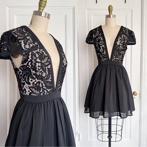 Showpo • Mademoiselle Dress mini cap sleeve illusion lace chiffon plunge v-neck